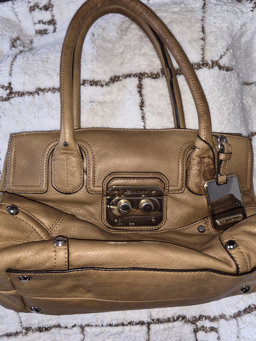 B. Makowsky Tan Leather Satchel Handbag Purse Silver Hardware